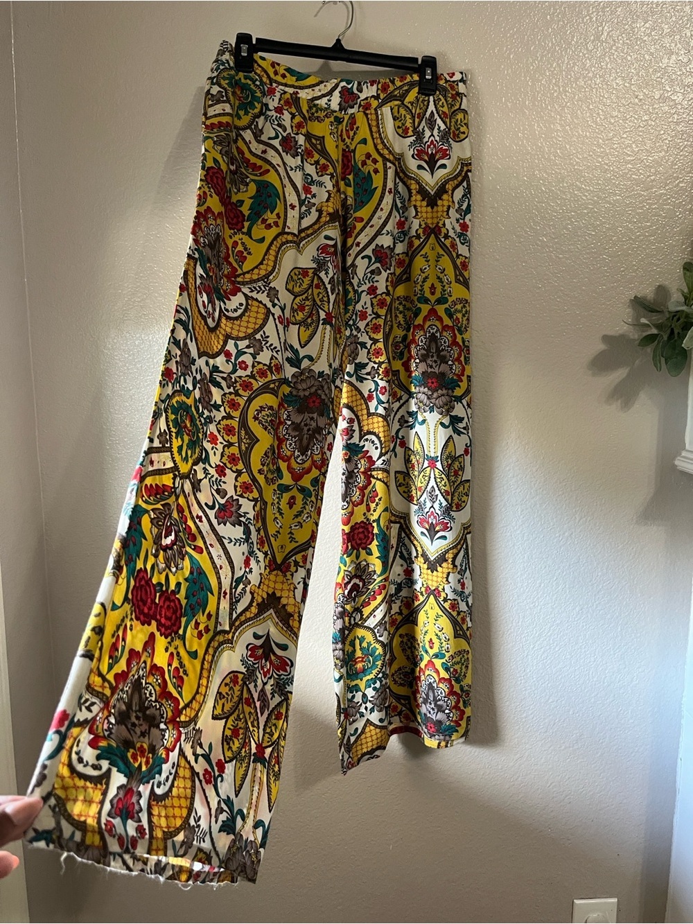 ivy jane Yellow Paisley Floral Wide Leg Pants Teal Accents Sz S Boho Chic TC0523